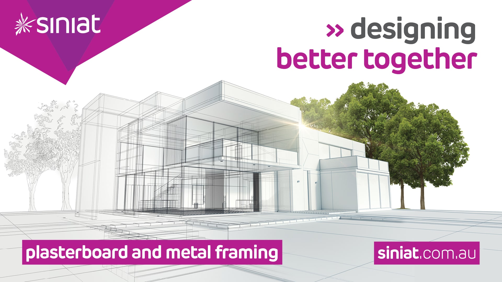 Siniat digital design showing sketch of a building design in front of trees