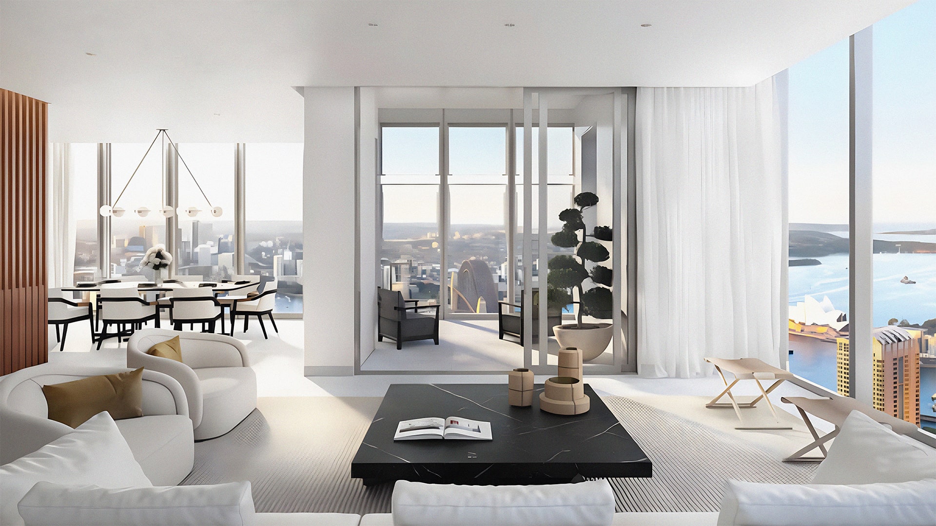 An apartment interior in Sydney showing the harbour bridge and Opera house