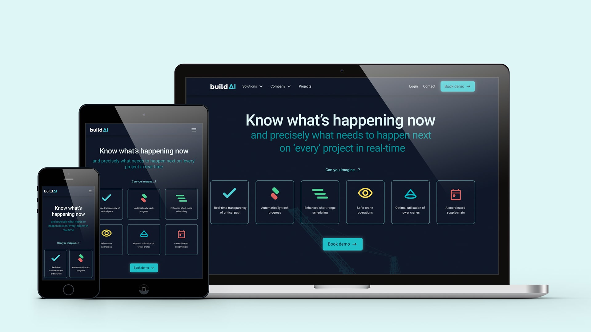 Mockup of BuildAI website on laptop, tablet and mobile