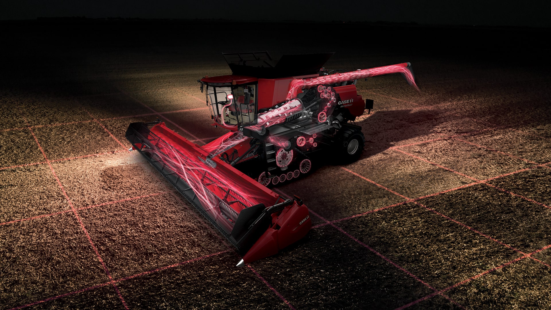 Decorative glowing CASE IH tractor operating at night
